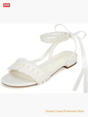 Bridal Pearl Ankle Strap Flat Sandals Wedding Open Toe Satin Flats